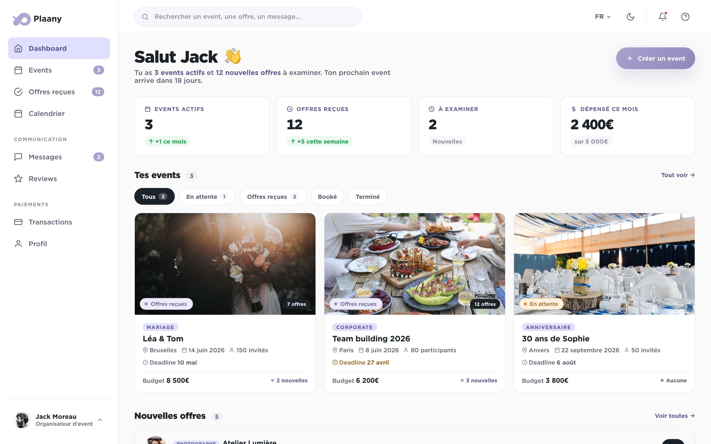 Dashboard organisateur avec events et offres reçues