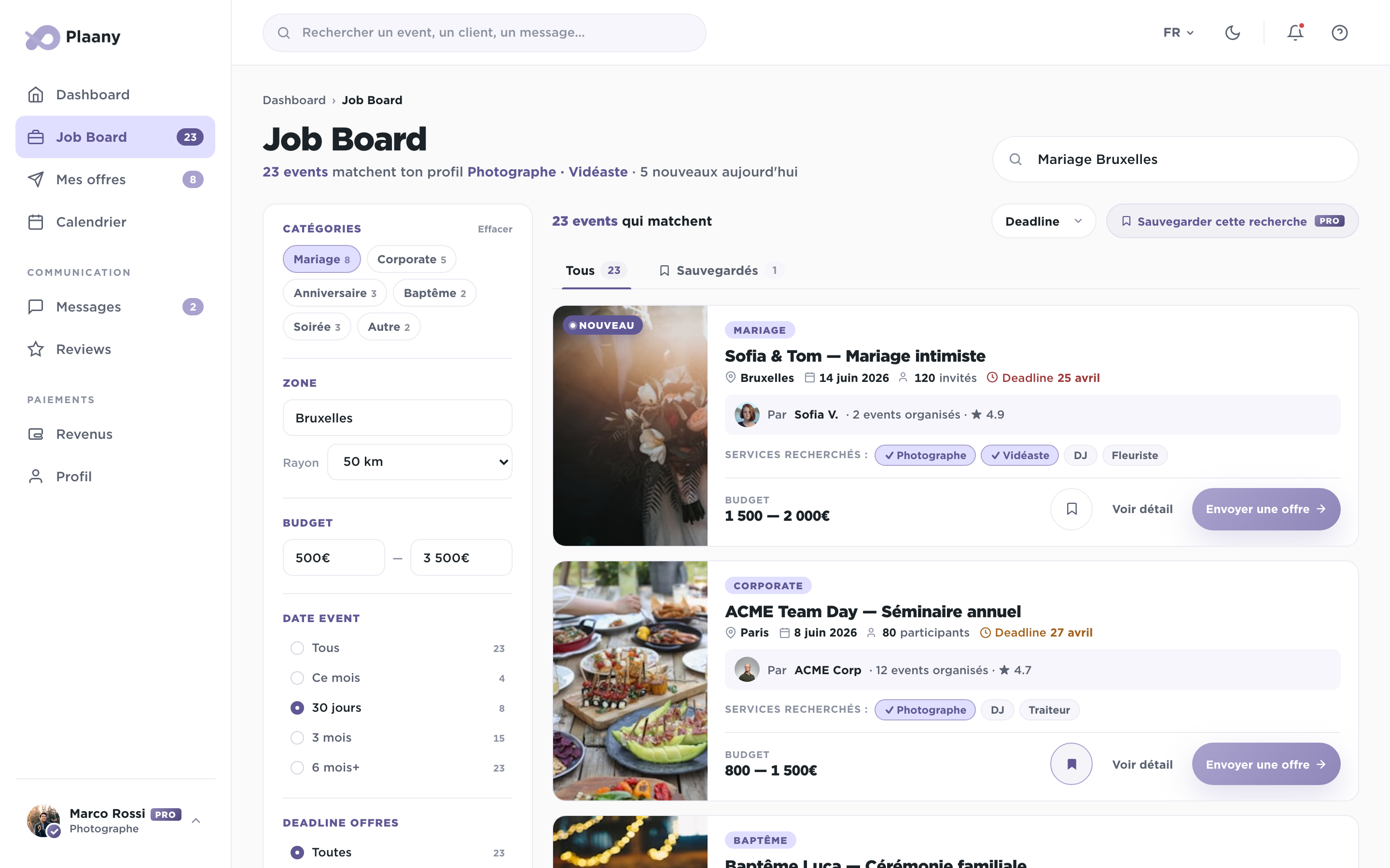 Job board avec filtres et events disponibles